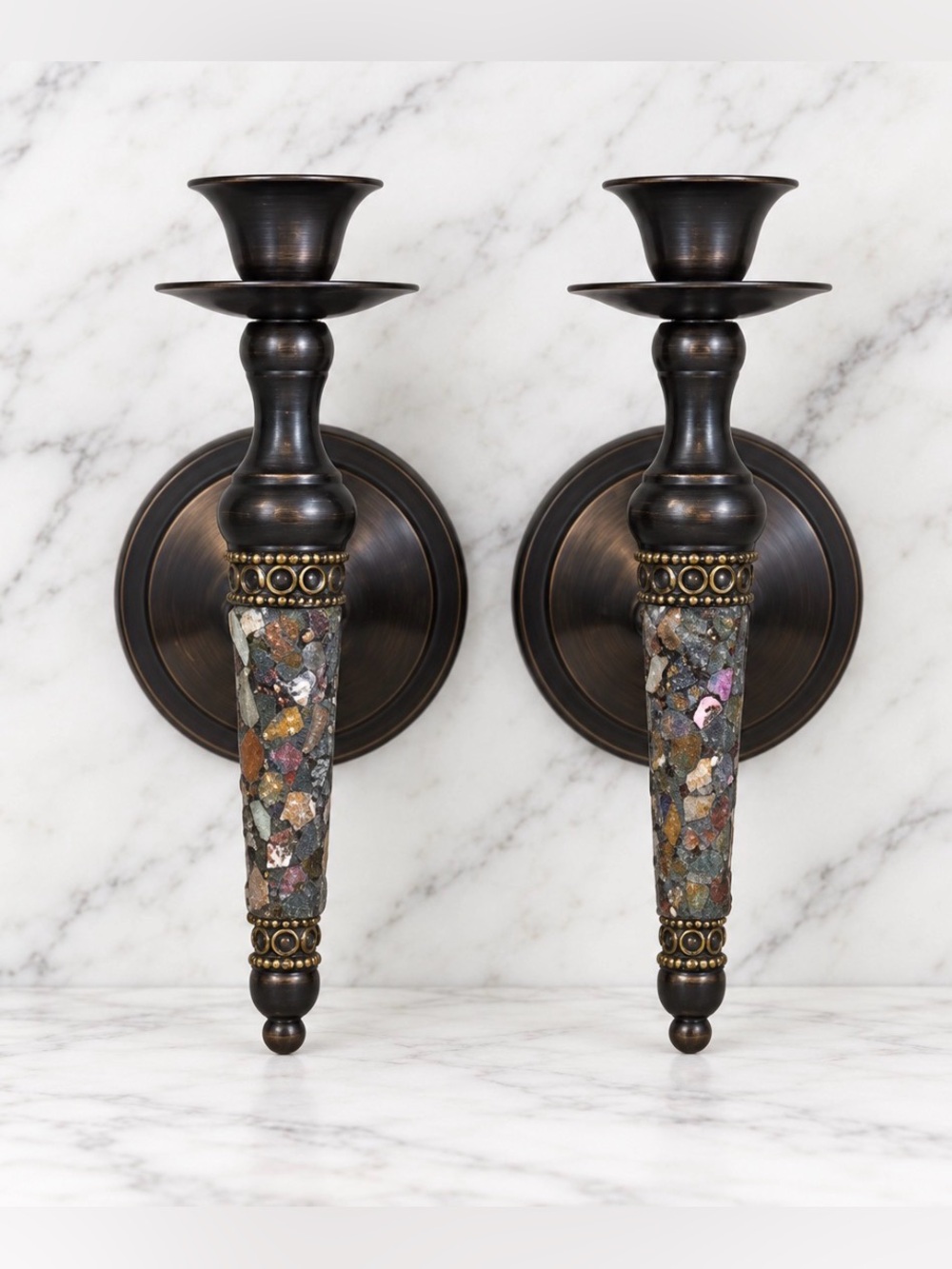 Handcrafted Black and Bronze Mosaic Wall Sconces - Pair